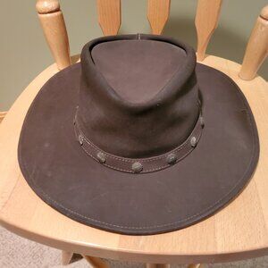 Minnetonka The Concho Brown Genuine Leather Cowboy Hat Large 21” Circumference